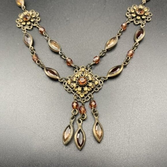 Vintage AVON Necklace Brown Bezel Marquise Rhinestone 15+3" Goth Steampunk Boho - Picture 1 of 7